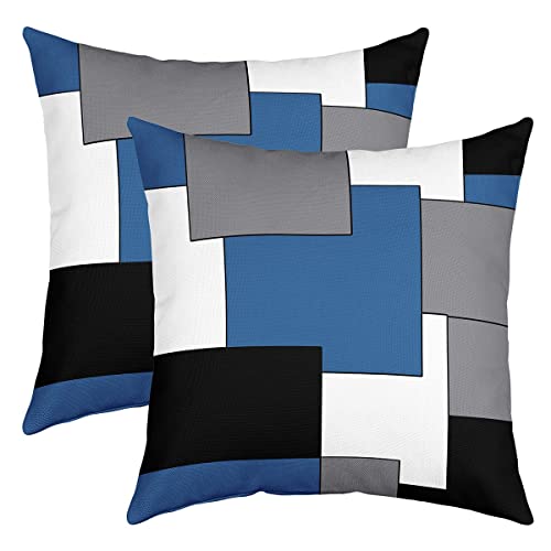 Square Throw Pillow Covers For Kids Boys Girls,Blue Grey White Black Pillow Covers,Geometric Lines Stripes Patchwork Cushion Covers 18X18 Set Of 2,Modern Graphic Accent Pillow Covers Bedroom Decor #TOP25