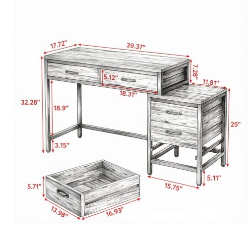Compact 2-Drawer Computer Desk with 3-Drawer File Cabinet, Industrial Chic Design for Small Rooms, 39" Wide Desktop, Printer Stand, Durable E1 Board & Metal Frame, Sturdy Adjustable Legs, Home Office - Image 2