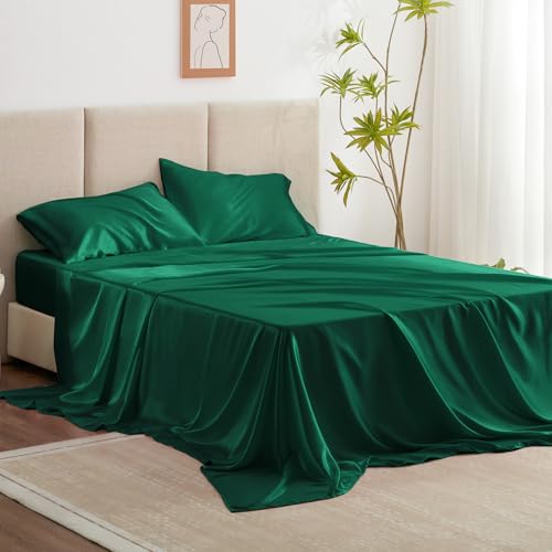 Love's cabin Twin XL Satin Sheet Sets - 3 Piece Dark Green Silky Bed Sheets with Deep Pockets, Luxury Silk Feel Satin Sheet Set Twin XL (1 Flat Sheet,1 Fitted Sheet,1 Pillow case)