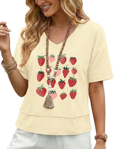 LOMON LOMON Womens Summer V Neck 100% Cotton T Shirts Loose Fit Oversized Tops