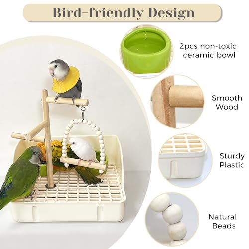 3 in 1 Bird Playground Stand Tabletop with Large Tray, Wooden Bird Play Stand Large, Parrot Perch Stand with Food Bowls, Parakeet Playground Outside Cage, Gym Exercise Activity for Lovebirds Conure