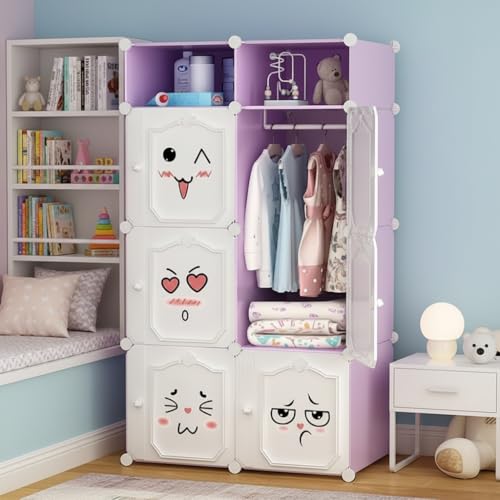 Image of EXVITO Collapsible Wardrobe Storage Cabinet | 6+2 Door Plastic Modular Clothes Organizer for Kids | Foldable Wardrobe Storage Rack with Hanging Space | Multi-Purpose Kids Closet Organizer - Purple