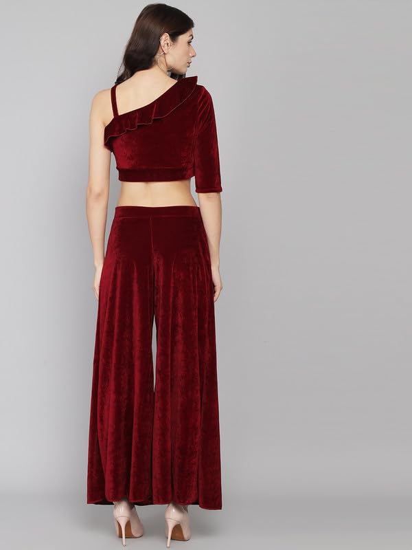 Image of Vaararo Velvet Co-Ords for Women | One Sleeve Crop Top with Palazzo Set Casual Party Dress