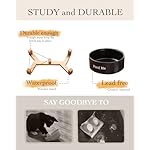 cat food bowls with wood stand for food & water, basic ceramic cat bowls for indoor cats, Weighted Pet Bowl Set, black and white - Image 5