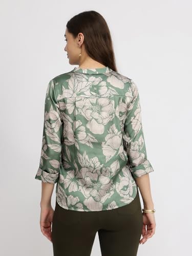 Image of FableStreet Women Shirt Work & Casual | Relaxed Fit Mandarin V-Neck Three-Quarter Sleeves Solid Pattern | Breathable Woven Fabric for Office & Everyday Wear