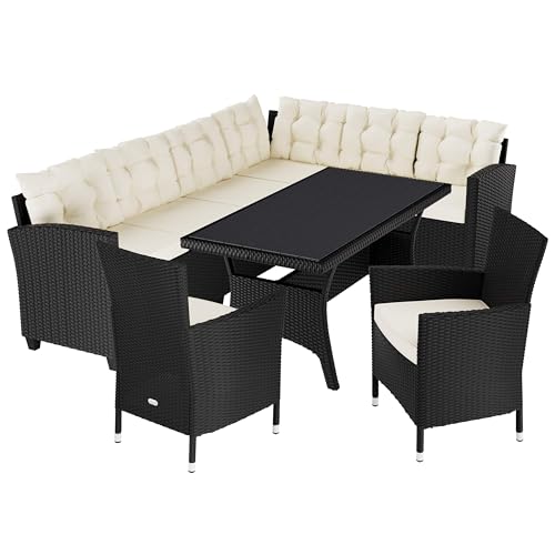 Casaria® Polyrattan Ecklounge Set WPC Esstisch Ecksofa 2 Gartenstühle Sitzauflagen Kissen Wetterfest Outdoor Lounge Garten Terrasse Balkon Möbel Schwarz
