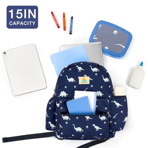 Image of STEAMEDBUN Corduroy Kids Backpack for Boys and Girls 5-8: Boys Backpack for Elementary Kindergarten - 15 inch Cute Backpacks for Kids - Dinosaur