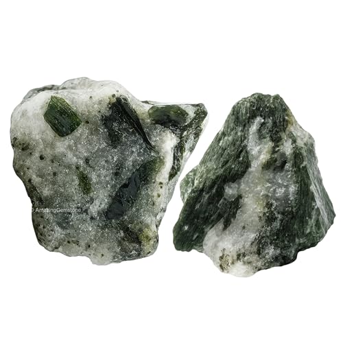 Turmalina verde con cristales de cuarzo en bruto y piedras curativas, rocas naturales para triturar, piedras en bruto y cristales (2 unidades)