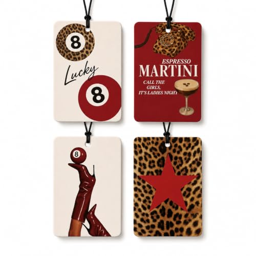 4 Pcs Red Leopard Print Car Air Fresheners, Trendy Cheetah Lucky 8 Ball Ace Card Hanging Car Air Freshener Cards, Long Lasting Car Air Freshner, Leopard Car Accessories Mirror Decor for Women