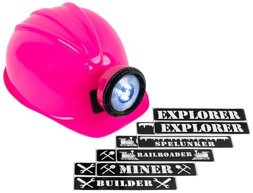 Boone's Mill Toy Miner Helmet Hard Hat with LED Lights & Labels (Explorer, Builder, and More) for Child Dress-up or Costume (Pink)