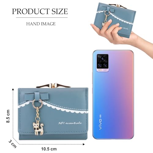 Image of NFI essentials Multi Fold Women's Wallet, Holding Credit Card Cash & Coins Small Purse Clutch with Cat Shaped Metal Keychain Mini Wallet (Blue)