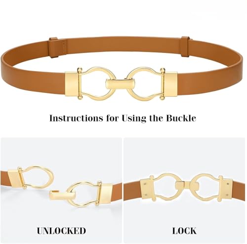 2 Pack Women's Genuine Leather Belt Skinny Waist Belt with Gold Buckle3