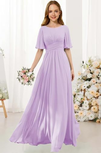 Flutter Sleeves Junior Bridesmaid Dress Scoop Neck Chiffon Flower Girl Dresses with Ruffles A Line Wedding Party Gown4