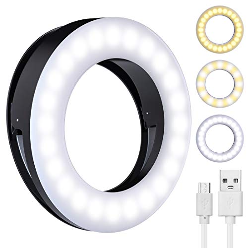 DAVID ROCCO Selfie Light Ring, 3.5 inch Rechargeable Clip on LED Ring Light Camera Ringlight with 40 LEDs for iPhone Android Smart Phone Photography, YouTube Video, Makeup (Black)