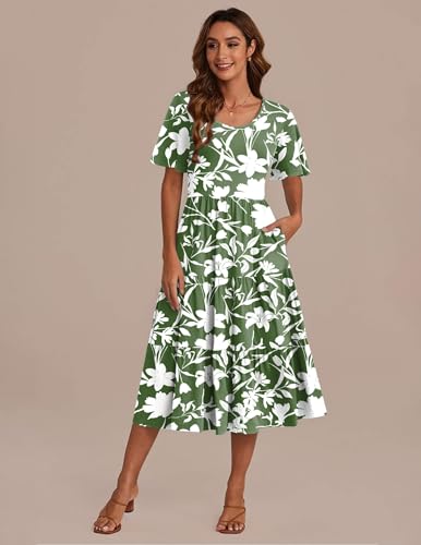 Image of Zeagoo Women's Summer Dress Midi Floral Flutter Short Sleeve Casual Dresses with Pockets Tiered Flowy Boho Beach Dress