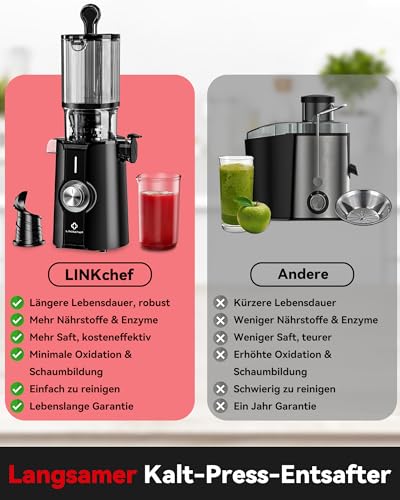 LINKChef Schnellreinigungs Entsafter, NO-Prep Entsafter Gemüse und Obst, Blitzreiniger Saftpresse Slow Juicer Testsieger mit Einfacher Installation, BPA Frei, 115mm, 1.2L, 200w Schwarz – Bild 3