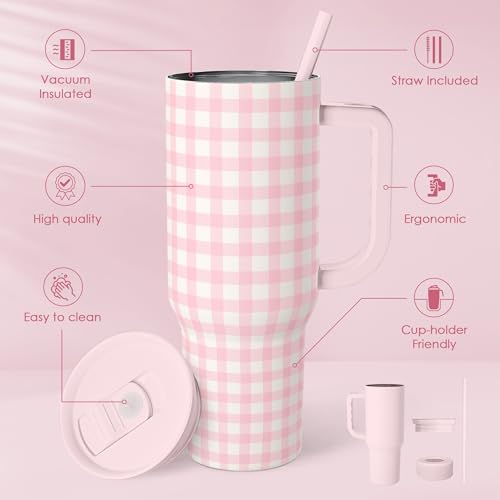 Image of SANDJEST Pink Gingham 40oz Slider Tumbler with Handle and Straw - Insulated Stainless Steel Travel Coffee Mug for Women Girls, Gift for Birthday, Christmas