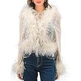 LVCOMEFF Real Ostrich Feather Trim Mesh Crop Top See-Through Black Sheer Shirt Jacket Clubwear Y2k (US, Alpha, Medium, Regular, Regular, Beige)