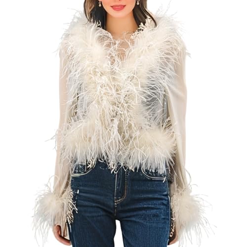 LVCOMEFF Real Ostrich Feather Trim Mesh Crop Top See-Through Black Sheer Shirt Jacket Clubwear Y2k (US, Alpha, Medium, Regular, Regular, Beige)