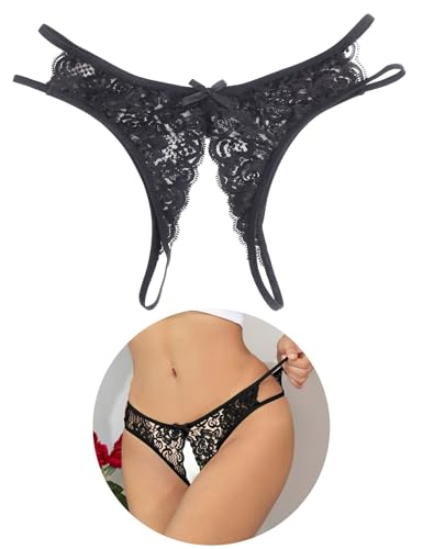 ohyeahlady Womens Lace French knickers Sexy Lingerie Side Hollow Out Hipster Panties Bow Tie Bikini Briefs Black Thongs Size 10