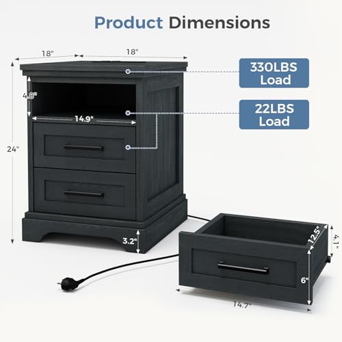 HAPPYMONT Nightstand with Charging Station and 2 Drawers, Farmhouse Bedside Table for Bedroom, Wood End Table with Type-C, Side Table with Cord Management, Night Stand, Black by HAPPYMONT - Image 3