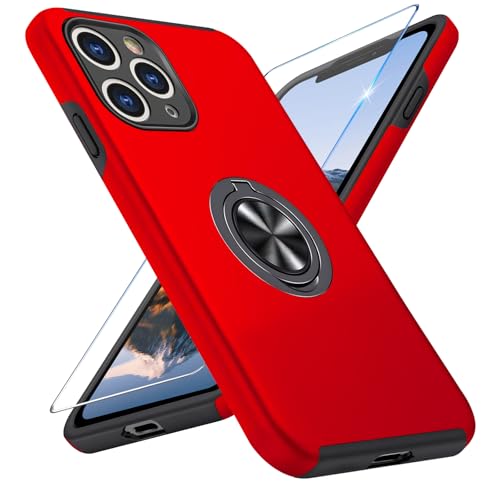 Vaki Handyhülle für iPhone 11 Pro Hülle mit Schutzfolie, Schutzhülle Case mit 360° Magnetischer Ring Ständer Kratzfest Fallfestigkeit Stoßfest für iPhone 11 Pro Cover (Rot)