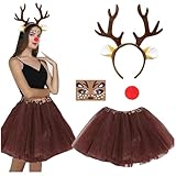 Generisch Disfraz de ciervo para mujer con falda de tul marrón, diadema de cuernos, tatuaje facial de ciervo, nariz roja luminosa, disfraz de reno para adultos, para carnaval, fiesta temática (marrón)