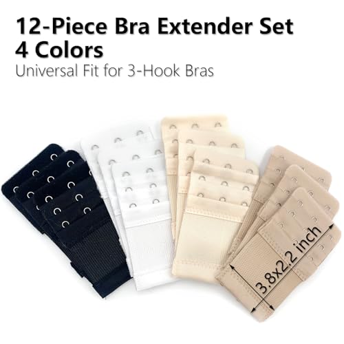 12 PCS Bra Extenders 3 Hooks, Elastic Extension Strap for Women, Comfortable and Soft Plus Size Bra Extender (Black, White, Nude, Beige)2