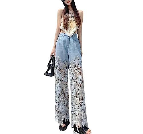 Summer Loose and Versatile Hollow Out Lace Stitching Denim Pants Women High Waist Wide Leg Pants Casual Trousers