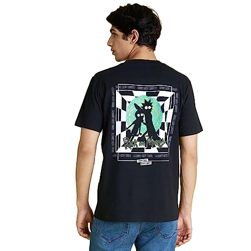 Image of Celio Men Rick and Morty Graphic Black Half-Sleeve Round Neck T-Shirt