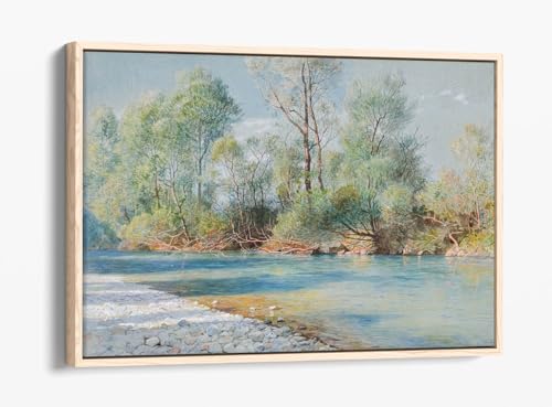 Toile Traunstein River par W.S. Haseltine - Cadre en chêne 76x50 cm
