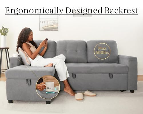 yoyomax L Shaped Sofa-82\'\' Sectional Sofa with Storage Chaises & Cup Holders, Pull Out Bed & Storage Space for Living Room, Apartment and Office, Light Grey(Left) - Thumbnail 6