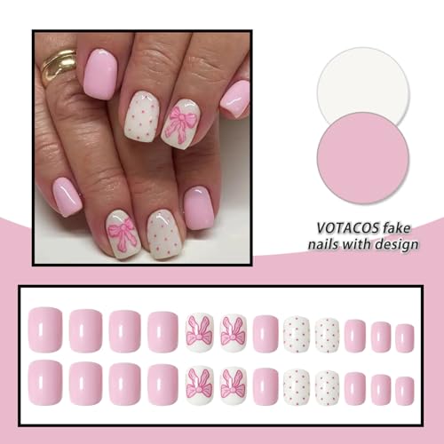VOTACOS Milky Pink Acrylic Press on Nails Short Square Acrylic Fake Nails Press Ons with Glue 24PCS White Polka Dot Glue on Nail with Design Cute Bow Stick on False Nail for Women and Girls — view 5