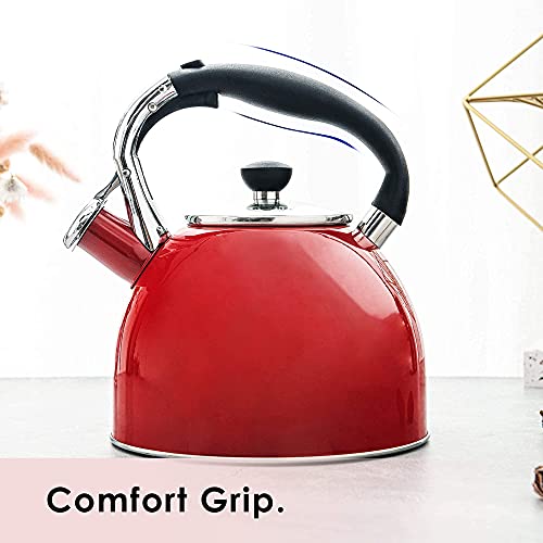 Rorence Whistling Tea Kettle: 2.5 Quart Stainless Steel Kettle for Stove Top with Capsule Bottom & Heat-resistant Glass Lid (Red)