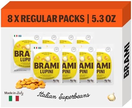 BRAMI Lupini Beans Snacks, Garlic & Rosemary | 7g Plant Protein, 0g Net Carbs | Vegan, Vegetarian, Keto, Plant Based, Mediterranean Diet, Healthy Snacks, Non Perishable, 5.3 Ounce (Pack of 8)