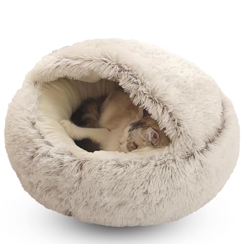 AOLIAZMAX Cat Bed, Covered Cat Bed for Indoor Outdoor Cats Calming Down,Burrowing Cat Small Dog Bed with Large Hood for Anti Anxiety, Non-Slip Plush Faux Fur Nest with Ceiling Kitten Puppy