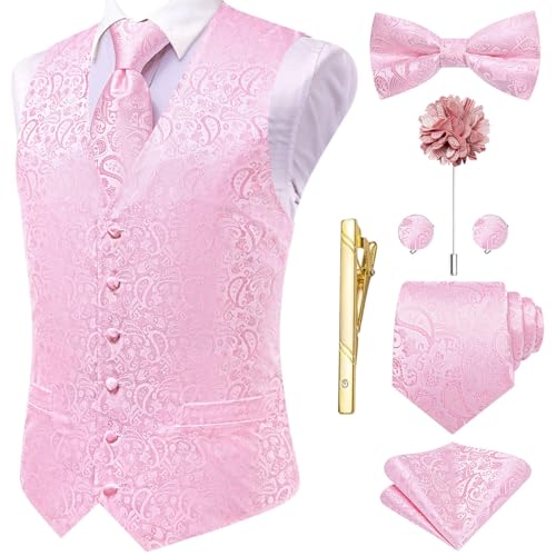 Hi-Tie Silk Jacquard Pink Paisley Dress Vests Men Tie Bowtie Lapel Pin Gold Tie Clip Paisley Floral Waistcoat 8PCS Set Tuxedo Wedding Party Valentine's Day