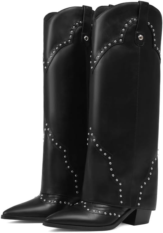 Shark Fold Over Cowboy Cowgirl Boots Studded - Knee High, Tall, Western, Slouch, Pointed Toe, Pull on, Fashion Boot, Dress