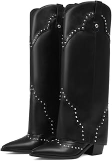 Erocalli Cowgirl Cowboy Knee High Boots Women Fold Over Western Pointed Toe | Shark Slouch Knee High Shaft, Studded Boots, Tall Long, Western Stitching For Dress , Festivals And Country Outfits