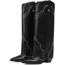 Erocalli Shark Fold Over Cowboy Cowgirl Boots Studded - Knee High, Tall, Western, Slouch, Pointed Toe, Pull on, Fashion Boot, Dress