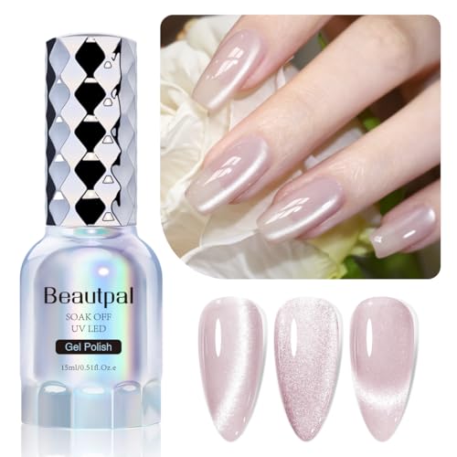 Larvall BEAUTPAL Glassy Cat Eye Gel Nail Polish,15ML Glitter Holographic UV LED Nail Polish Gel Salon Manicure Nail Art DIY at Home with Magnetic Wand Color 002 Barely Purple