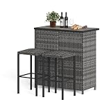 GarveeMore 3-TLG. Polyrattan Garten-Barset – Bartisch in Thekenhöhe mit DPC-Tischplatte & Ablagen, 2 Barhocker mit Metallgestell, wetterfest, platzsparend, pflegeleicht, für Balkon & Terrasse – Grau