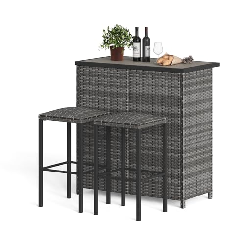 CuteHairy 3-Piece PE Rattan Bar Table Set Outdoor Counter Height Bistro Set with 2 Bar Stools Space-Saving Breakfast Bar DPC Tabletop for Home Balcony Patio & Kitchen Grey