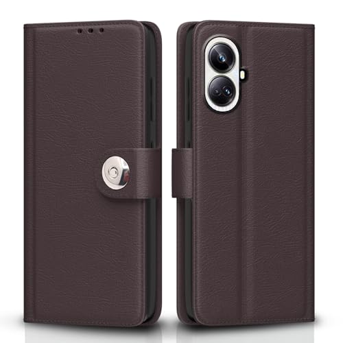 Image of Pikkme Flip Cover Leather Finish | Inside TPU with Card Pockets | Wallet Stand and Shock Proof | Complete Protection Button Flip Case for Realme 10 Pro Plus 5G (Coffee)