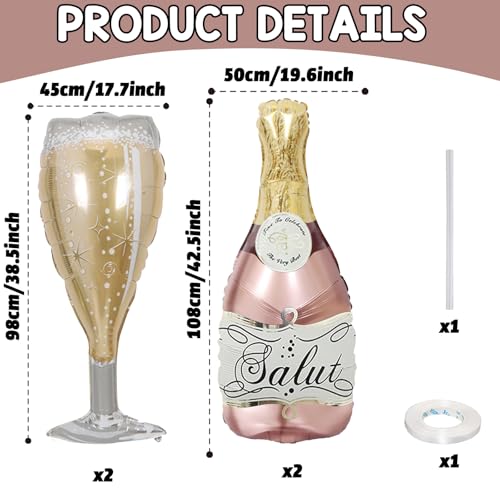 Image of Aluminum Foil Champagne Balloons, Large 36Inch Pink Mylar Foil Helium Wine Glass Goblet Balloons for Birthday Engagement Bachelorette Party Decorations