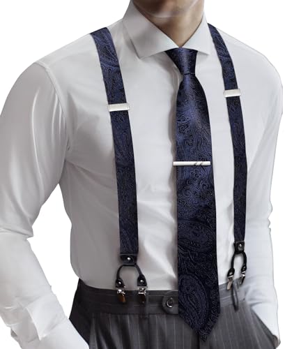 Image of Barry.Wang Men Suspender Set with Necktie Elastic Y Type Heavy Duty 6 Clips Braces Tie Handkerchief Cufflink Pin 6PCS