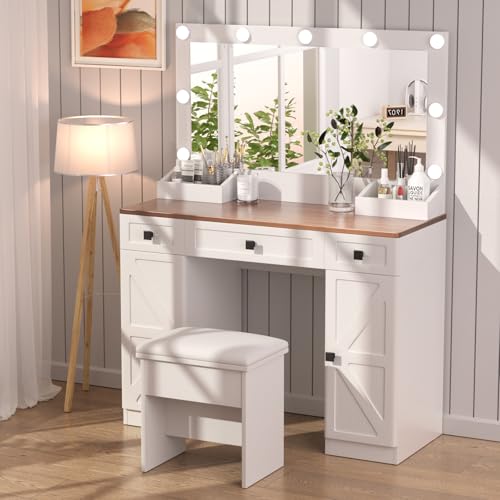 Vanity Desk with Mirror and Hollywood Lights|Large Makeup Vanity Table and Chair Set|3 Drawers|2 Cabinets|11 LED Bulbs|3 Adjustable Light Modes|Hollywood Dressing Vanity Desk Set for Bedroom White