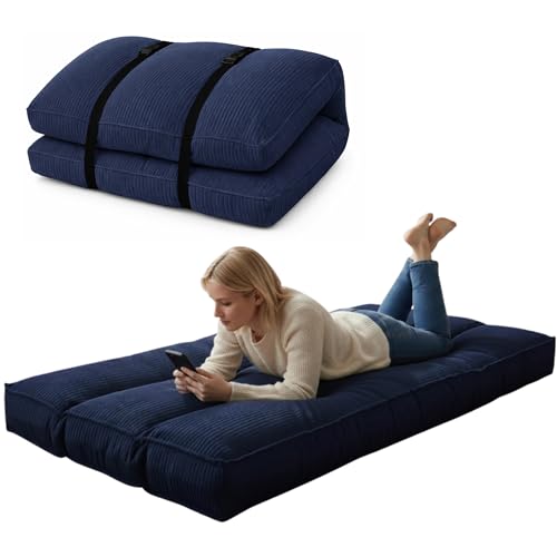 bananair - Futon 1 Place Épais & Confortable Fabriqué en France, Housse Lavable, Idéal comme Matelas de Sol, d'Appoint, Chauffeuse - Futon Pliable, Sangle de Rangement Incluse (90x190 cm, Bleu Nuit)