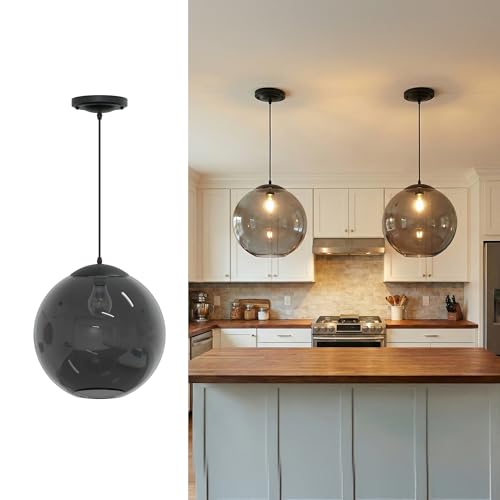 Image of KASTLITE 12 inch Acrylic Globe Pendant Light Fixture, 8W 3000K Filament LED Bulb, Ceiling Mount - Kitchen Pendant Lighting Over Island, Hanging Dining Light, Living Room Lamp - Smoke Shade, Black Base