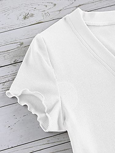 Zaful Women's Solid Ribbed Button Up V Neck Short Sleeve Knitted Crop Top Slim T Shirts White #TOP29